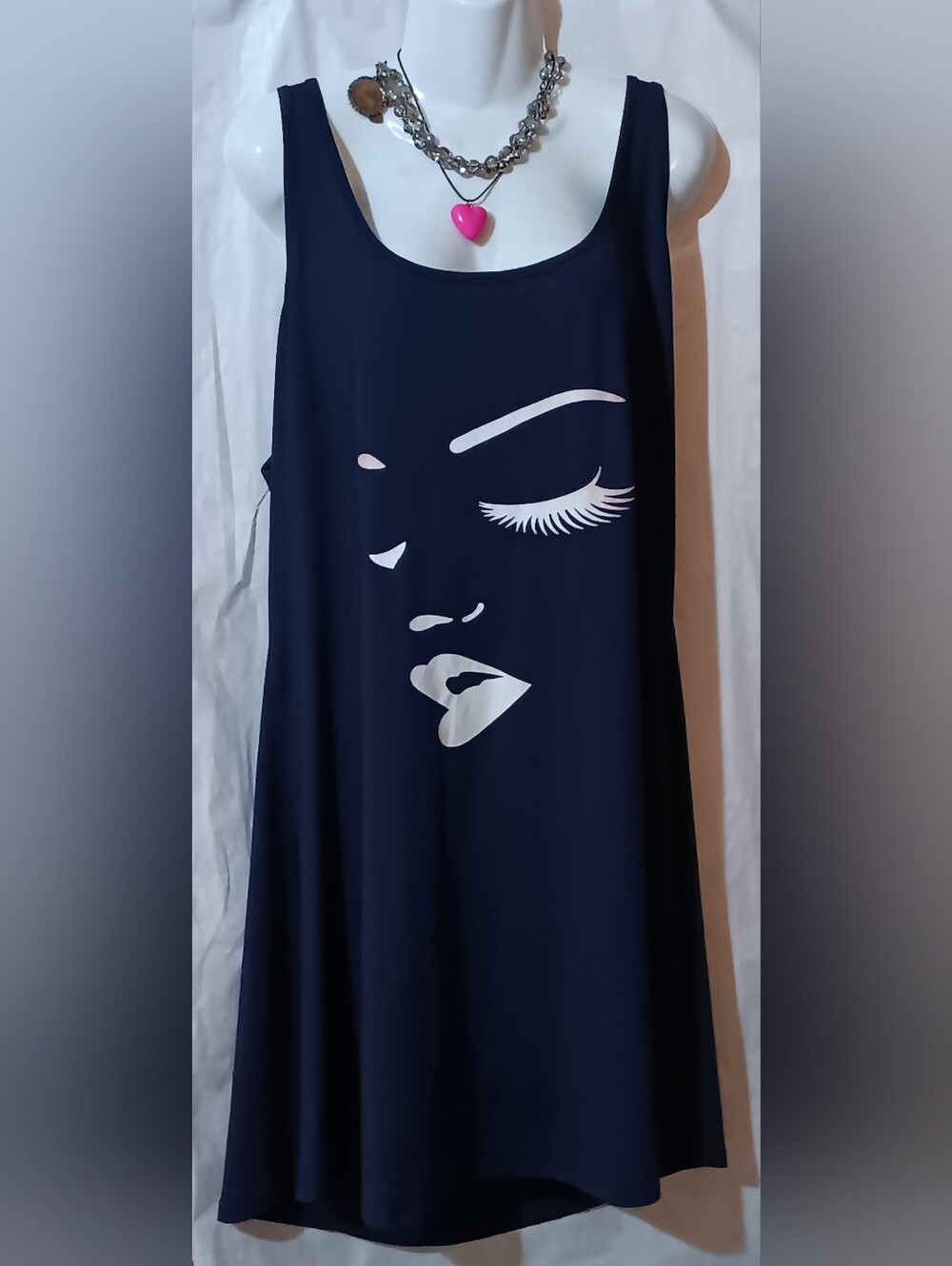 Navy BLUE Sleeveless Tank Dress with White Face Graphic